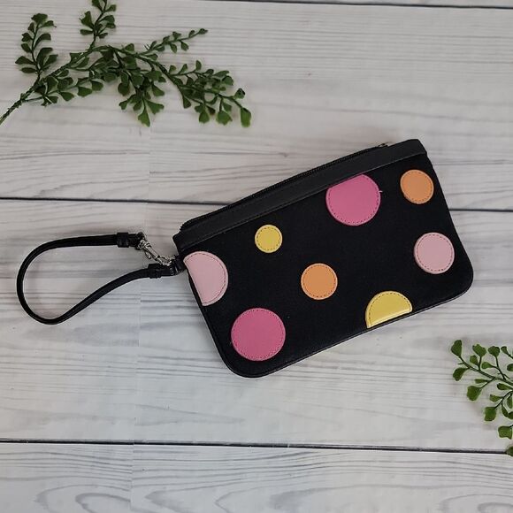 Talbots Handbags - Talbots Wristlet Polka-Dot Mini Bag Black Canvas with Pink & Yellow 4.5" X 7.5